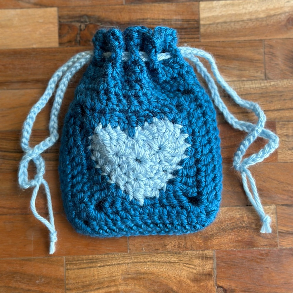 Handmade Blue Crochet Pouch with Heart Design - Picture 2 of 5